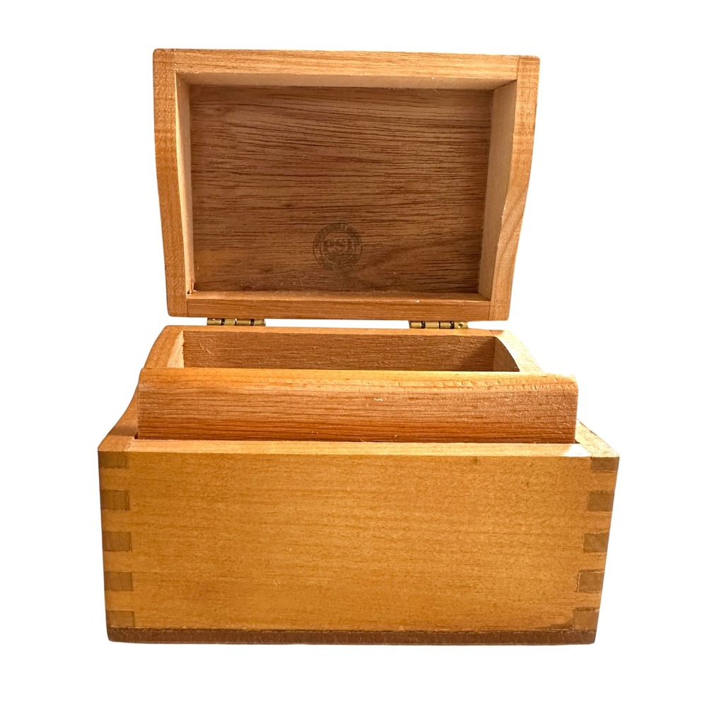 VTG PSI Wood Recipe Box Napa Valley Finger Box Joint Brass Hinge MCM Kitchen